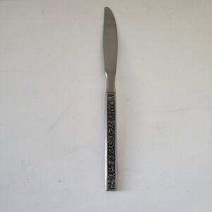 Nasco Stainless Japan Dinner Knife Vintage Floral Rose Blackened Handle Serrated